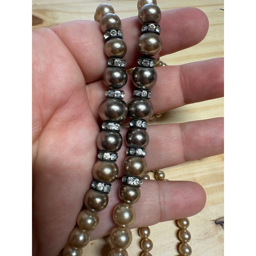 Vintage Double Strand Faux Pearl Necklace Rhinestone Silver Tone - Picture 7 of 8